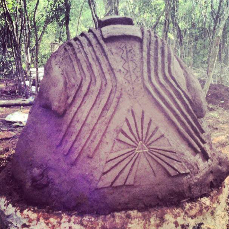 Lemurian Embassy symbol on the back of the jaguar bio-mechanical cob oven.