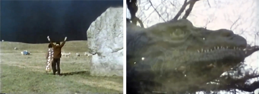 LEFT: KENNETH ANGER giving a demonstration on set during the making of his epic film, 'Lucifer Rising' (1967-1980). RIGHT: Dragons at Crystal Palace Park in London, UK. Stills from Kenneth Anger - Magier des Untergrundfilms [Magician of Underground Film] (1970) A film by Reinhold E. Thiel. Colour, sound, Deu/Sub Eng, 54 mins.