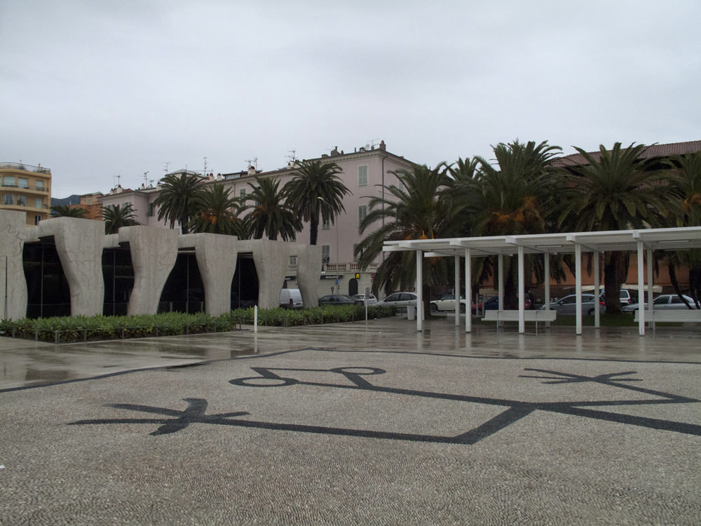 A view on the Musée Jean Cocteau on an unusually dark and cloudy afternoon in Menton. The building was designed by architect Rudy Ricciotti.