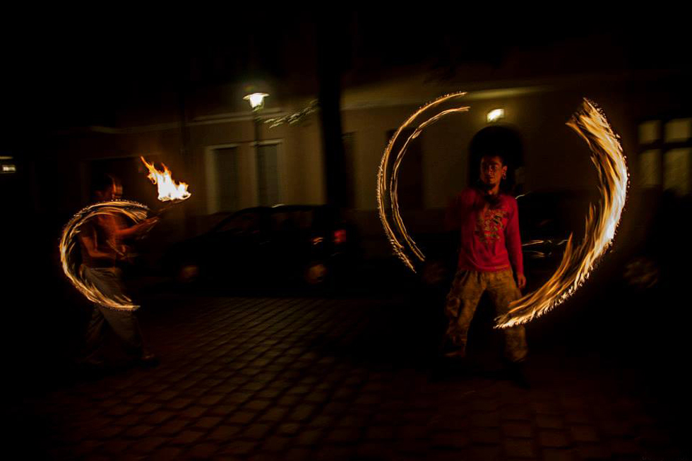 Mexican fire performance outside The Third Eye's exhibition at AKA Galerie, Berlin. 