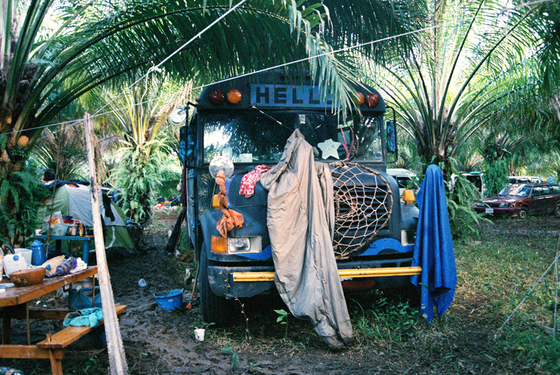 The Co-Laboratory collective's bus with a dream catcher on the front ready...