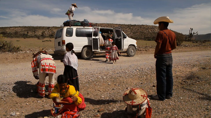 On the road of the pilgrimage from their home in the Sierra Madre Occidental to Wirikuta, in the Mexican state of San Luis Potosí. The Huichol Indians reside in the central western Mexican states of Nayarit, Jalisco, Zacactecas, and Durango.