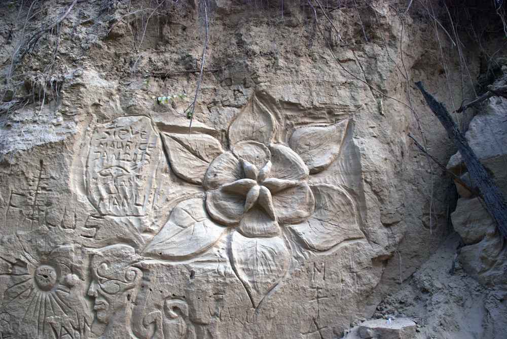 Flowers radiating and messages scrawled on the surface.