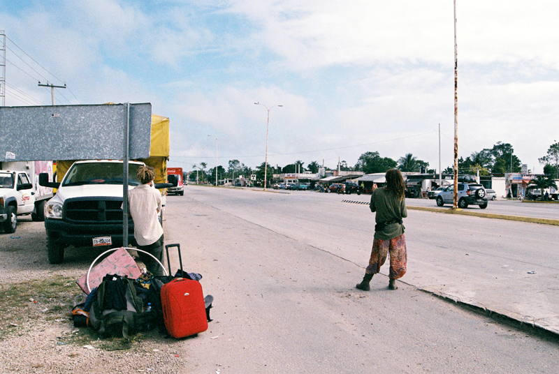 On the road. Hitchhiking towards San Cristobal and leaving Bacalar, with artist Paul Sargent and writer Cat Rainsford. Suitcase full of issues of The Third Eye.