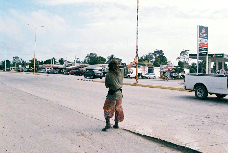 Writer Cat Rainsford hitchhiking in Mexico.