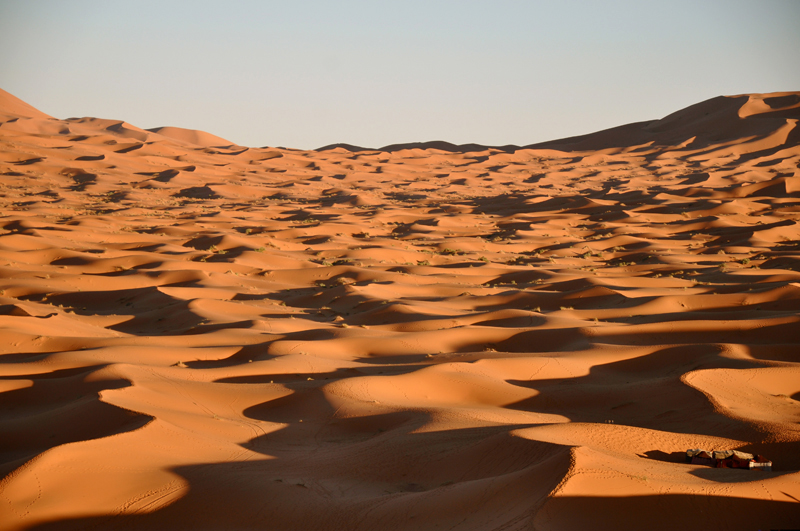 A view over the Sahara towards the end of the day, with the Road Junky retreat nestled in the dunes.