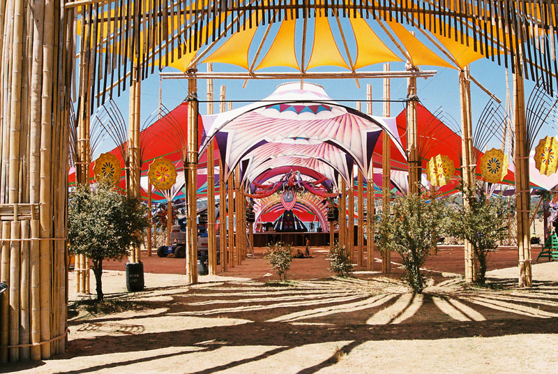 THE DANCE TEMPLE before the delicious madness of the opening... The Dance Temple this year was constructed from 38 tons of bamboo, inspired by 'Sagrada Familia' [Sacred Family], a cathedral in Barcelona still in the works, originally conceived by architect Antoni Gaudi in 1882.