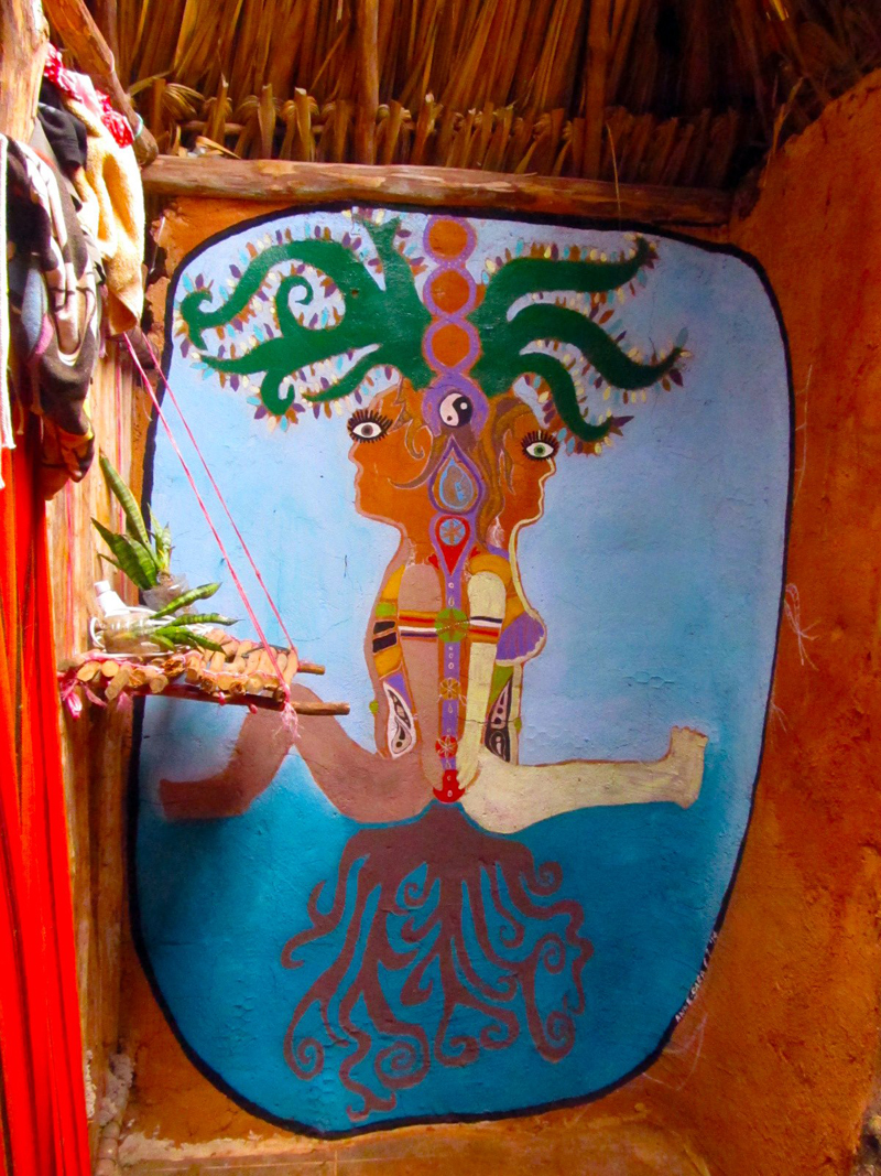 Beautiful painting finished over the bathroom's wall, the portrait of a cosmic union between two souls emerging from the Gaian mind, sharing one heart, one soul, all interconnected by the Ceiba tree. It is the magical sacred tree of the Mayan people..