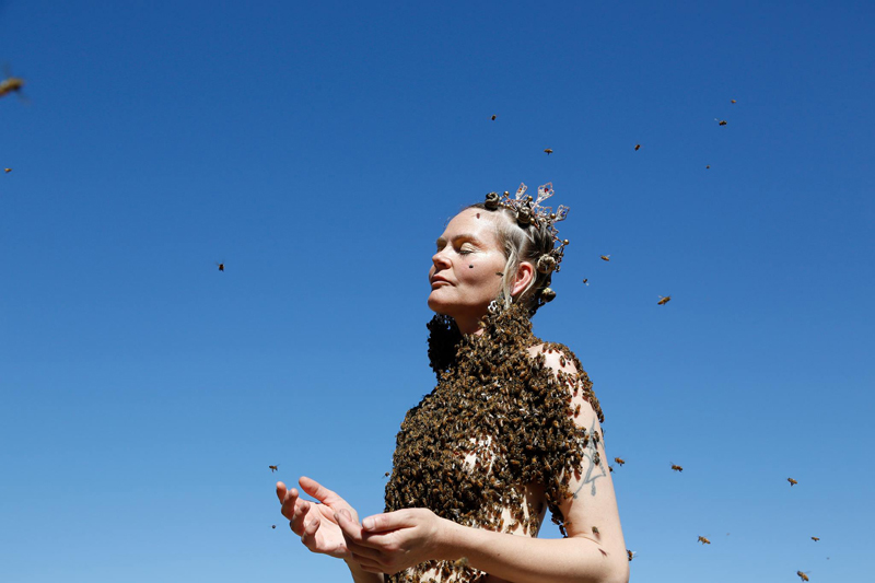 SARA MAPELLI in meditation during her bee dance - or "Infinity Serenity" as Sara says. Photographed in Corvallis, Oregon, USA.