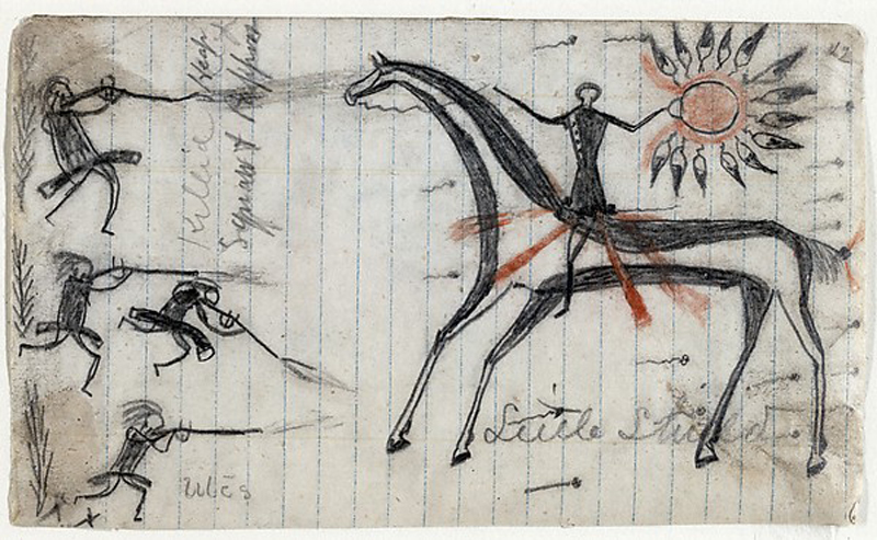 Texan Killed and Utes / Killed Heap Squaws and Papoos, before 1868 by Little Shield (unknown dates), Arapaho, Colorado. Paper, graphite, ink (two of 23 drawnigs originally contained within a bound book) (8.3 x 14 cm) St. Louis (Missouri), University of Missouri-St. Louis, The St. Louis Mercantile Library, gift of William H. Rennick, 1890.
