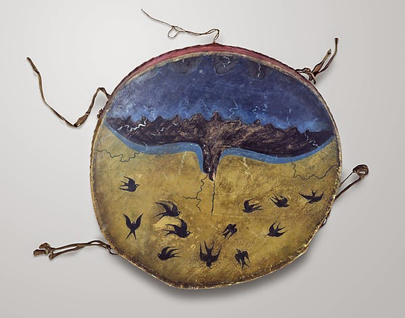 Ghost Dance Drum, c. 1891-1892. George Beaver (unknown dates), Pawnee, Oklahoma Wood, rawhide, pigment. Diameter: 23 in. (58.4 cm) Chicago (Illinois), The Field Museum of Natural History.
