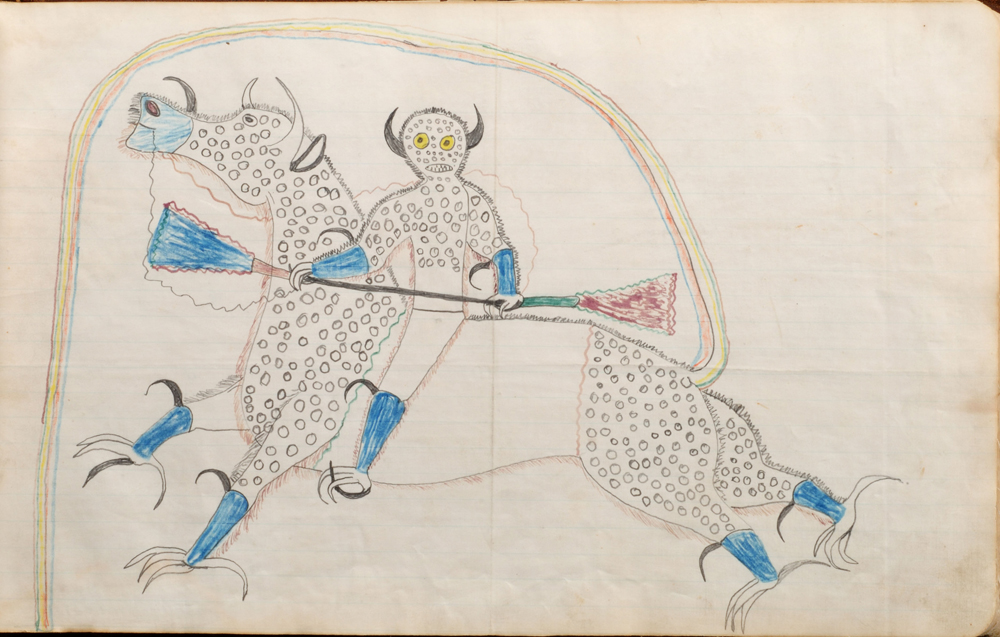 Dream or Vision or Himself Changed to a Destroyer or Riding a Bufalo Eagle, 1880 – 1881. Drawing by Black Hawk (1832?-c. 1889?), Sans Arc Lakota (Teton Sioux), South Dakota. Paper, ink, graphite 10 x 16 in. (25.4 x 40.6 cm). Cooperstown (New York), Fenimore Art Museum, The Thaw Collection, gift of Eugene V. and Clare E. 