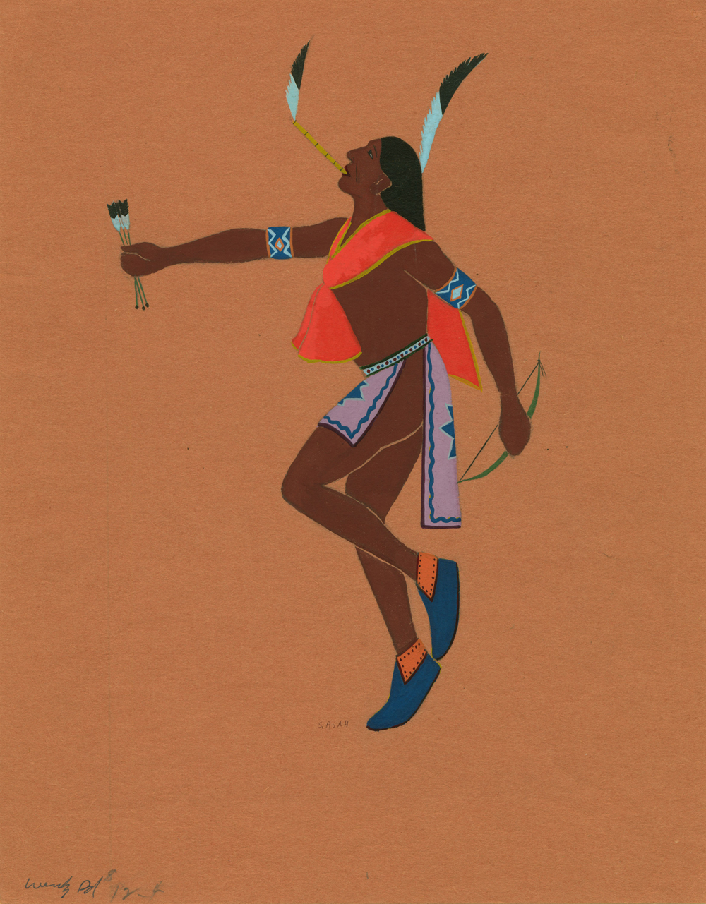 Kiowa Sun Dancer, c. 1930 by Spencer Asah, Kiowa. Tempera on paper 9 7/8 in. x 6 3/16 in. The Fred Jones Jr. Museum of Art, the University of Oklahoma.