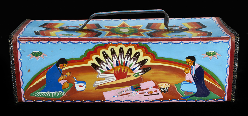 Peyote Box, c. 1975. Johnny Hoof (unknown dates), Arapaho, Oklahoma. Commercial leather, metal, pigment. Tulsa (Oklahoma), Gilcrease Museum, gift of Pearl Big Bow.