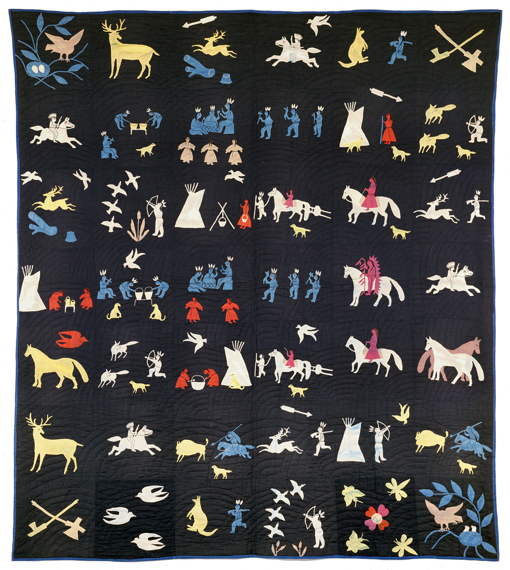 Quilt, c. 1915 by Rebecca Blackwater (unknown dates), Dakota (Eastern Sioux) or Lakota (Teton Sioux), Santee (Nebraska) or Rosebud (South Dakota). Cotton cloth, cotton thread 78 x 70 in. (198.1 x 177.8 cm) United States, Joan and Bill Alfond Collection.