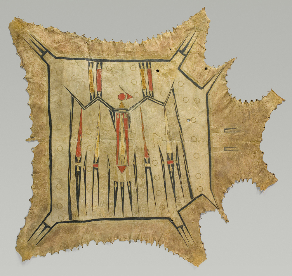 Robe with Mythic Bird, c. 1700 – 1740. Eastern Plains artist, probably Illinois, Mid-Mississippi River basin. Native tanned leather, pigment 42 3/8 x 47 7/8 in. (107.7 x 121.4 cm) Musée du quai Branly, France. 