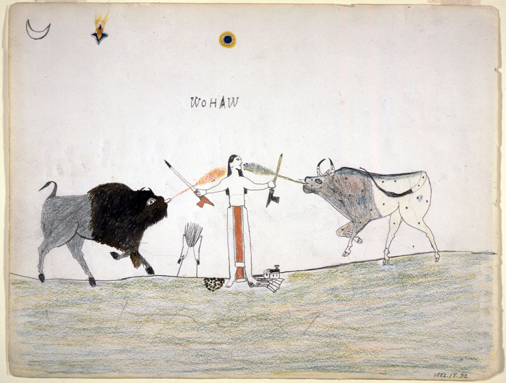 A Man Receiving Power from Two Spirit Animals, 1877. Drawing by Wohaw (1855-1924), Kiowa, Oklahoma. Pencil and colored pencil on crayon. 8 . x 11 3/8 in. (21 x 28.9 cm) St. Louis (Missouri), Missouri History Museum. 