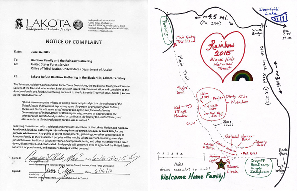 Left: Lakota Notice of Complaint, June 2015. Right: Map to the Black Hills Rainbow Gathering, June 2015. 