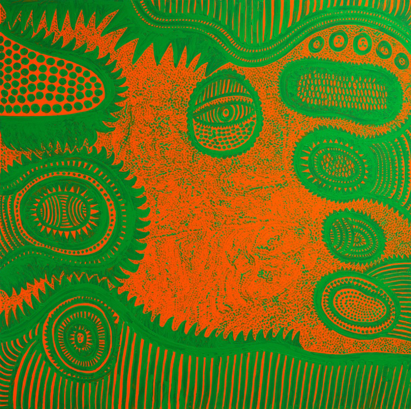 THE SEASON CAME WITH TEARS (2015) by Yayoi Kusama. Acrylic on canvas, 194 x 194 x 7 cm